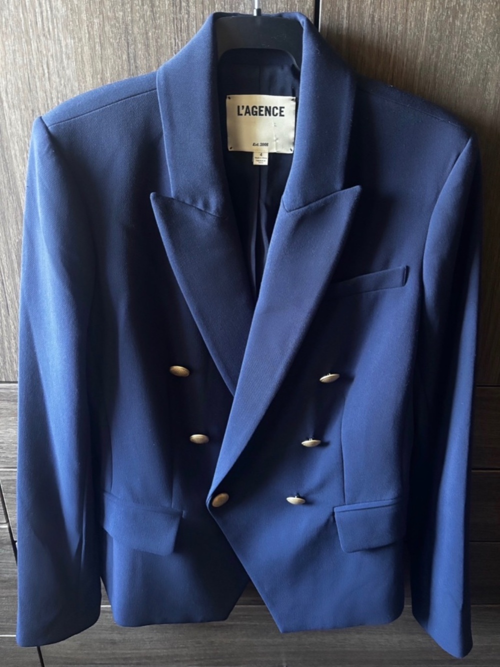L’AGENCE Navy Blue Double-Breasted Blazer – Gold Buttons – Size 4